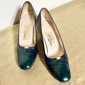 Vintage Salvatore Ferragamo Navy & Green Cap-Toe Pumps